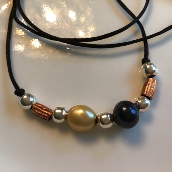 Hand Crafted Jewelry - ARTISAN Golden Baroque And Black Pearls with Copper Black Satin 28” Necklace